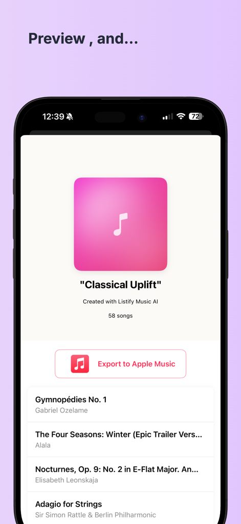 Listify Music AI - A preview screen of the Listify Music AI app showing a Classical Uplift playlist with an option to export to Apple Music.