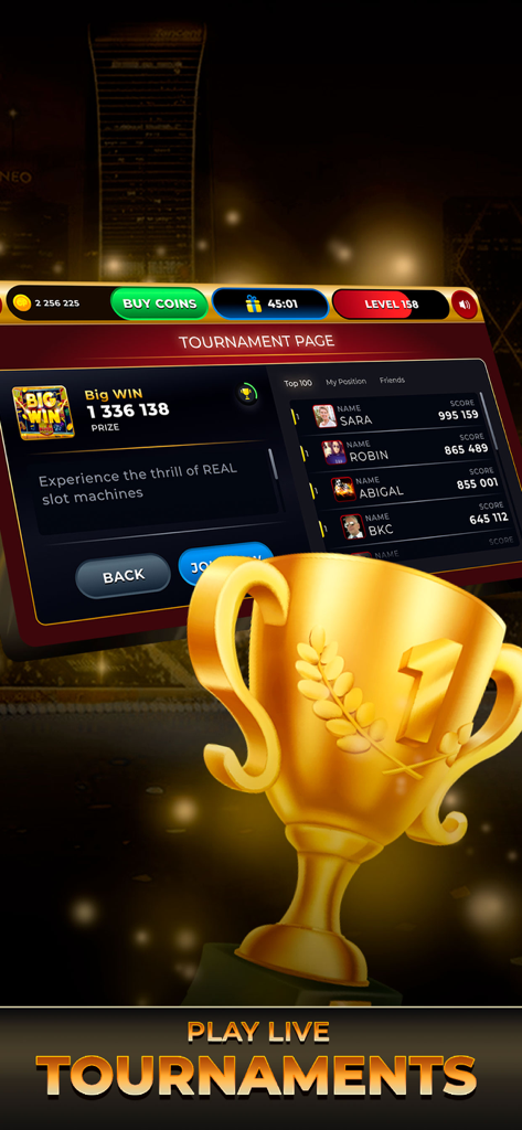 Clickfun: Casino & Slots Mania - Clickfun Casino and Slots Mania live tournaments screen with a golden trophy and player leaderboard