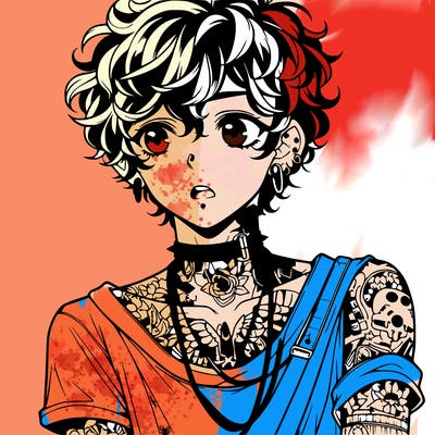 teen anime boy with curly hair  goth shirt lots of tattos and piercings