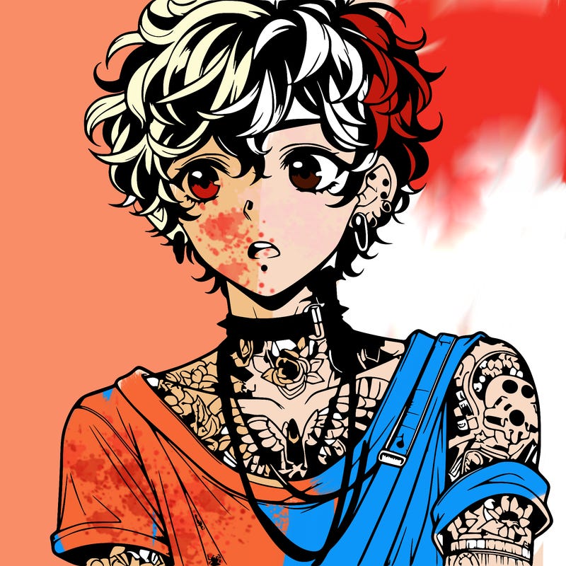 teen anime boy with curly hair  goth shirt lots of tattos and piercings