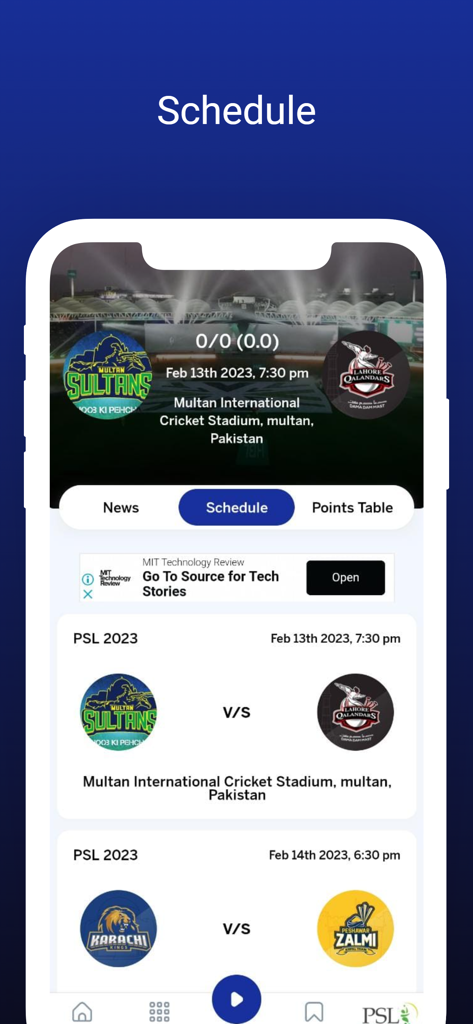 PSL cricket match schedule screen in the Geo Super Official mobile app