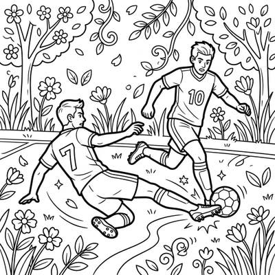 Experience the excitement of a soccer match with this vibrant coloring page featuring a player executing a thrilling sliding tackle. Set against a backdrop of beautiful spring blossoms, it's a perfect blend of sports action and seasonal beauty.