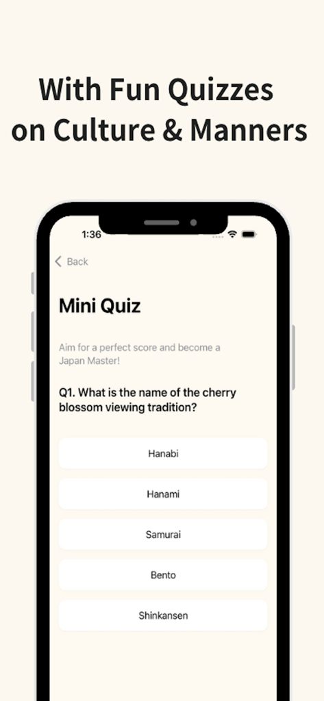 Captura de pantalla de la aplicación Travel Japan Buddy que muestra una pregunta de cuestionario sobre la cultura japonesa sobre la observación de los cerezos en flor.
