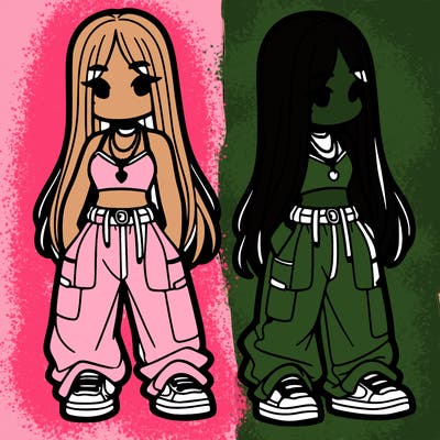 girl in baggy pants crop top and long hair