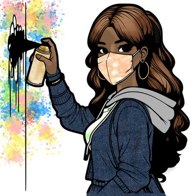 realistic girl with mask spray painting a wall