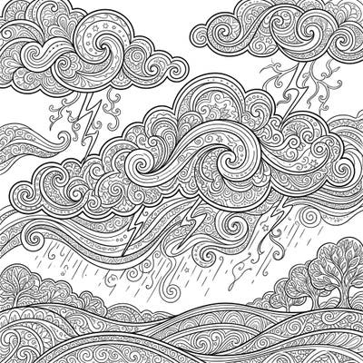 Discover tranquility with this beautifully intricate Soft Thunder adult coloring page, designed to soothe and inspire. Dive into a detailed world of swirling clouds and gentle rain, perfect for mindful relaxation.