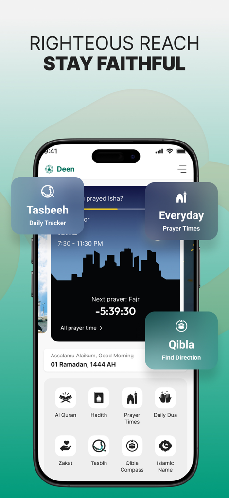 MyBL - MyBL app interface showing Islamic features including prayer times, Qibla finder, and Tasbeeh daily tracker.