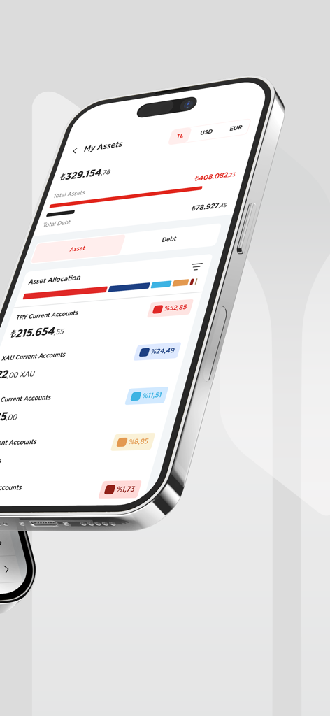 Ziraat Katılım - 総残高と資産配分が表示された、Ziraat Katilimモバイルバンキングアプリの「マイアセット」画面