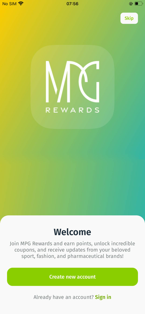 MPG Rewards - Pantalla de bienvenida de la aplicación móvil MPG Rewards que muestra el logotipo y el botón de crear cuenta