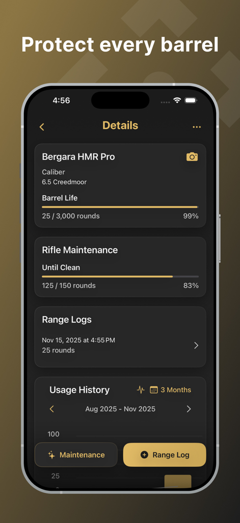 ShotStat - ShotStat app dashboard showing barrel life and maintenance status for a Bergara HMR Pro rifle