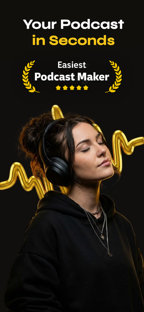 AI Podcast Generator - Podgeno - Woman wearing headphones listening to an AI generated podcast on Podgeno app