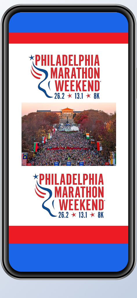 Philadelphia Marathon Weekend - Philadelphia Marathon Weekend app home screen featuring the event logo and a photo of runners near the Philadelphia Museum of Art