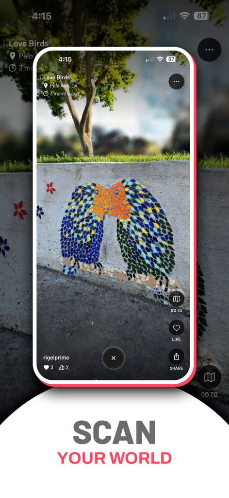 A 3D scan of a colorful bird mosaic on a wall captured with the Scaniverse app.