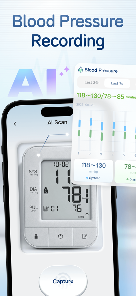 AI Heart Monitor：Heart Rate - AI scanning a physical blood pressure monitor to record and track health data trends on a smartphone