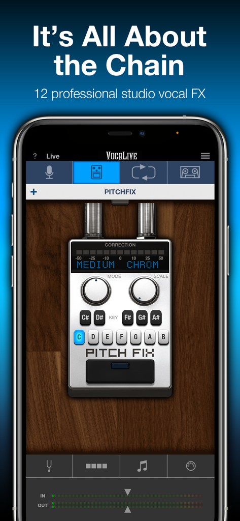 Interfaz de la aplicación VocaLive que muestra el efecto Pitch Fix para procesamiento vocal profesional en iPhone.
