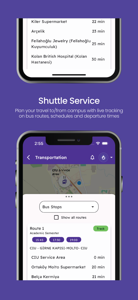 CIU Mobile app interface showing the shuttle service with real-time bus tracking and route details