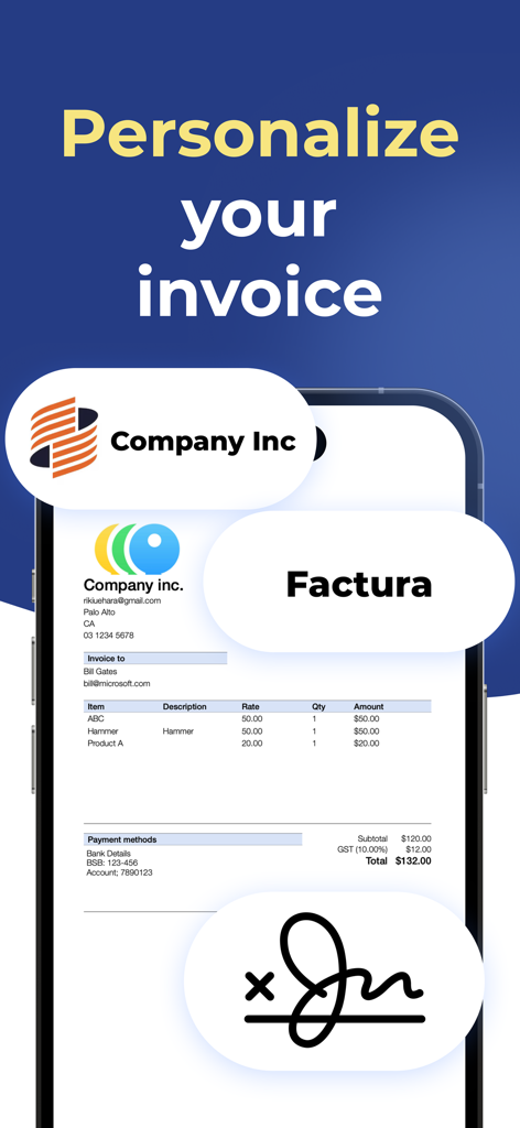 Mobile screen showing a professional invoice with custom company logo and digital signature