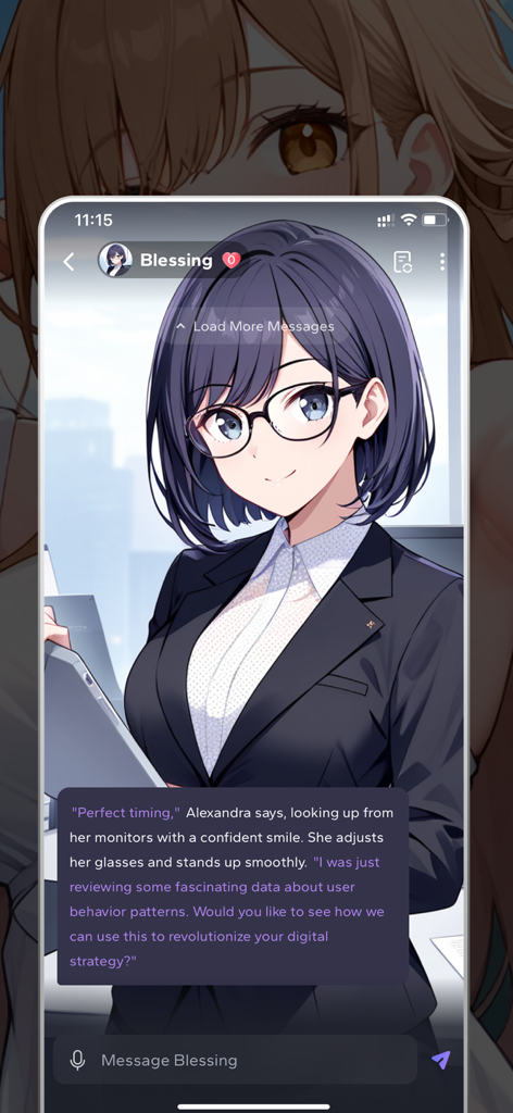 Interface de discussion mobile de l'application Feelin AI présentant un personnage féminin de style anime dans un costume professionnel avec des lunettes nommé Blessing