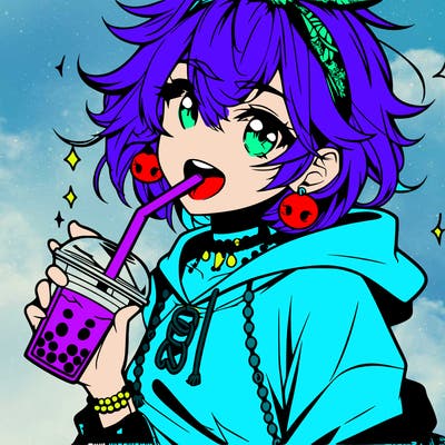 hot baddie anime girl drinking boba and biting the straw