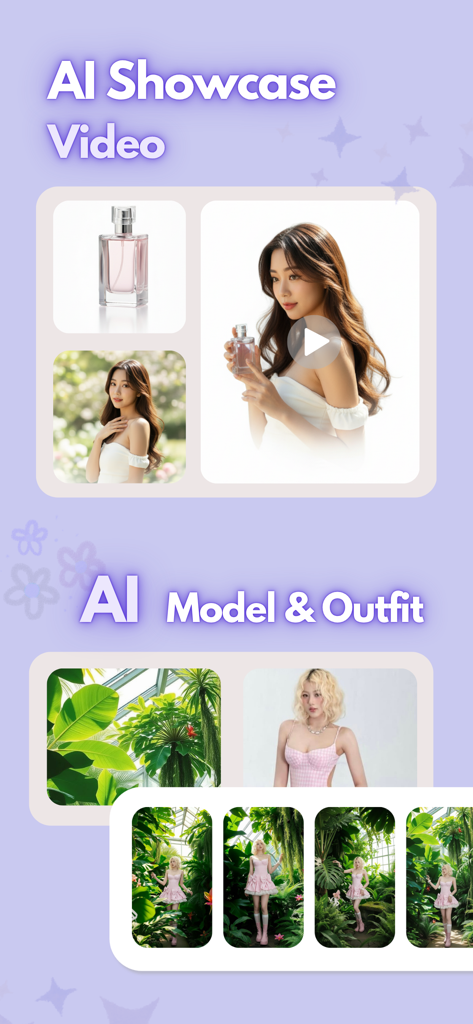 PIPITAI: Studio & Model - PIPITAI app screenshots showing AI model generation and fashion showcase videos