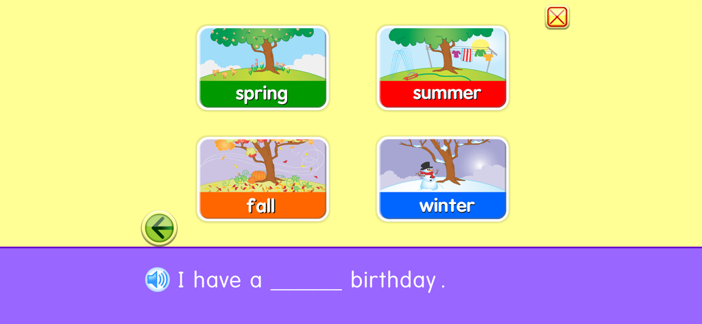 Starfall All About Me - Interfaz educativa que muestra primavera, verano, otoño e invierno para seleccionar una estación de cumpleaños