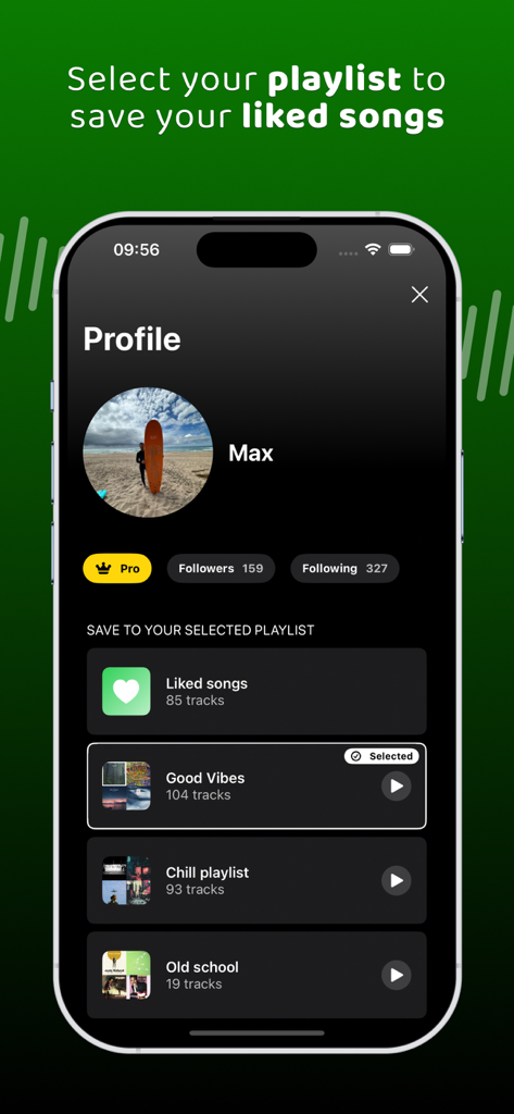 Musify - Discover New Music - A profile screen in the Musify app showing a list of user playlists to save liked songs.