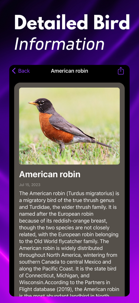 Una captura de pantalla de la aplicación Bird ID que muestra información detallada y una foto de un petirrojo americano.