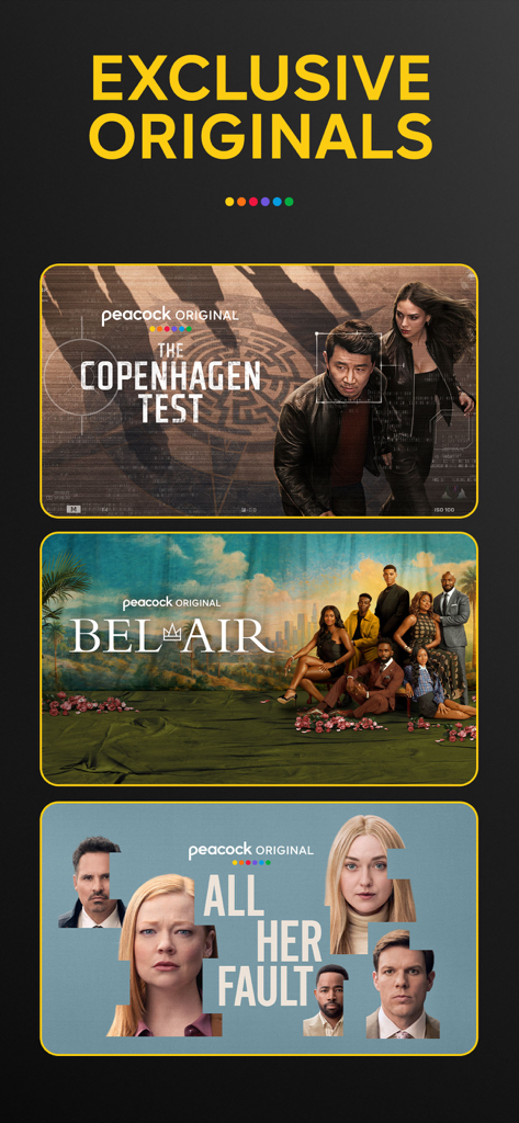 Peacock TV App mobile Ansicht, die exklusive Originaltitel wie Bel Air und All Her Fault zeigt.
