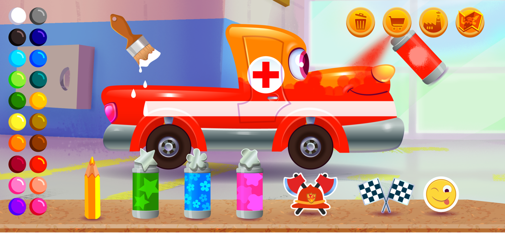 Funny Racing Cars - A child friendly car factory screen where players can customize a red and orange truck with paint and stickers.