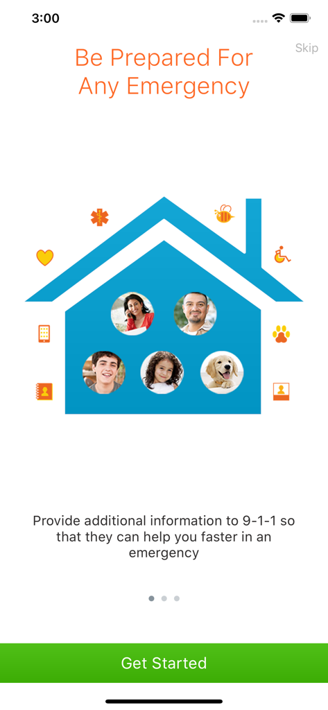 Smart911 app onboarding screen with emergency preparedness icons and a family household graphic.