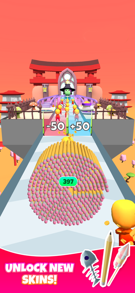 Arrow Fest - Arrow Fest gameplay showing a bundle of pencil skins approaching math gates on a track