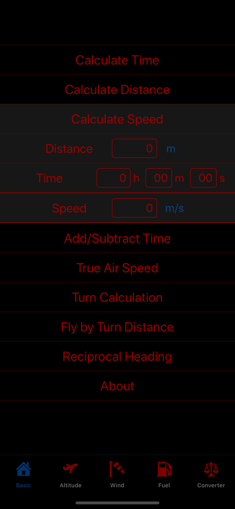 The basic calculation screen of the Flight Calculator app showing speed distance and time input fields for pilots.
