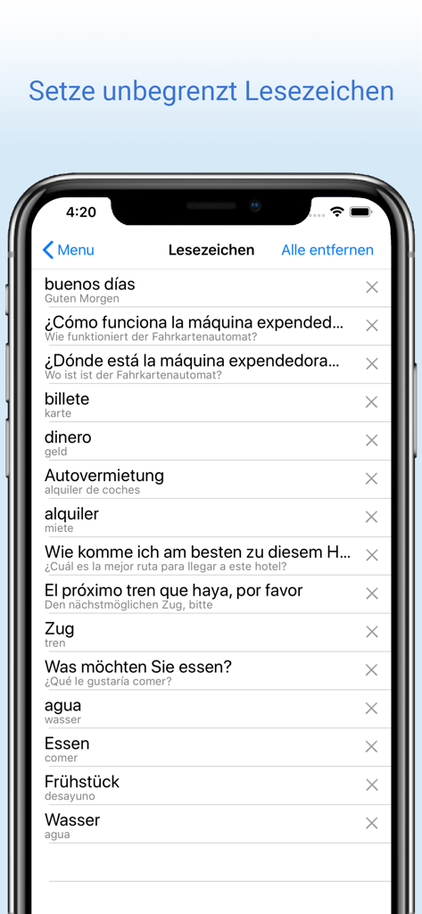 Screenshot des Lesezeichen-Bildschirms in der Deutsch-Spanisch Wörterbuch App mit einer Liste von gespeicherten Phrasen und Wörtern