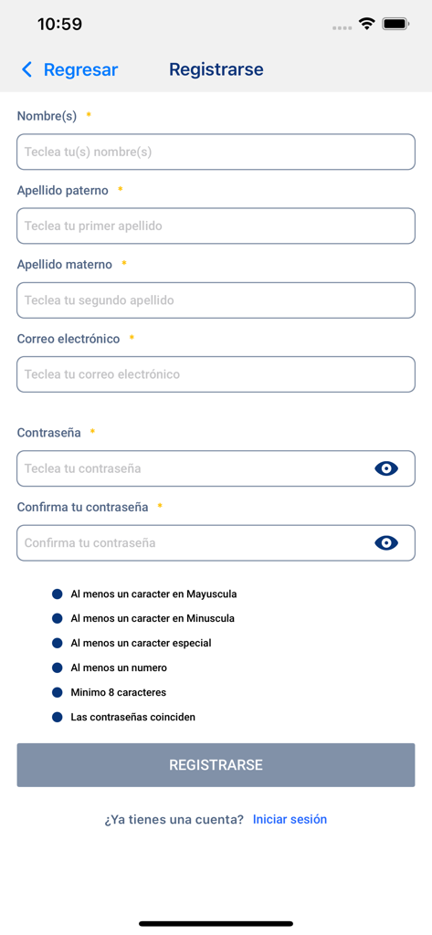 AYD - Pantalla de registro para la aplicación AYD con campos para nombre de usuario, correo electrónico y requisitos de contraseña.