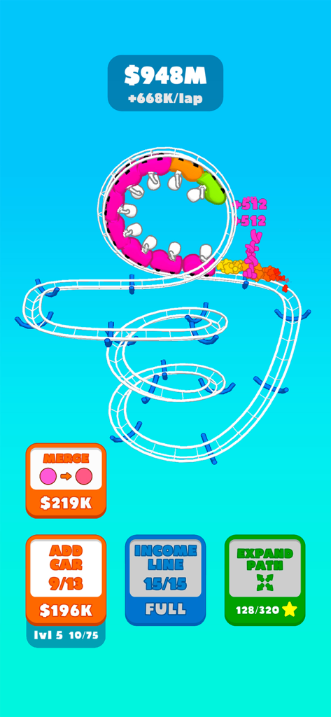 Super Loop!! - Juego de Super Loop mostrando una colorida montaña rusa con menús de mejora.