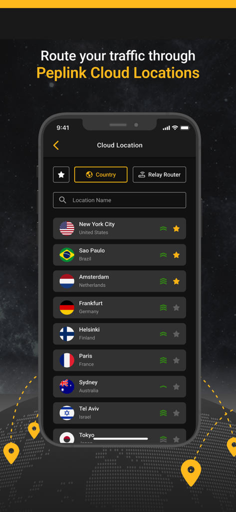 SpeedFusion Connect - Interface do aplicativo SpeedFusion Connect mostrando uma lista de locais de servidores em nuvem globais para roteamento de tráfego de internet