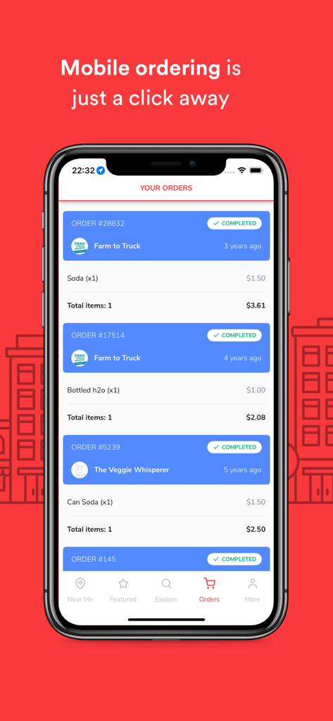 Truckster - Find Food Trucks - Truckster mobile app showing a user history of completed food truck orders