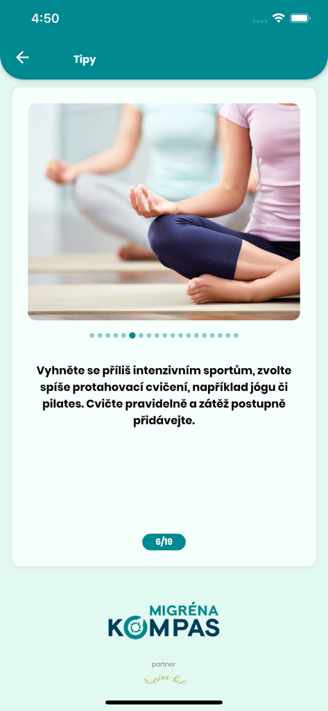 Migréna Kompas (CZ) - Migrena Kompas app screen displaying a health tip to practice yoga and stretching for migraine relief.