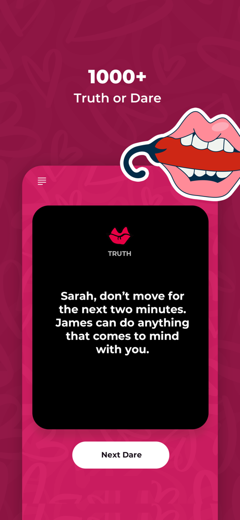 Truth or Dare Game for Couples - Interface do aplicativo móvel do Jogo de Verdade ou Desafio para Casais mostrando um cartão de desafio romântico.