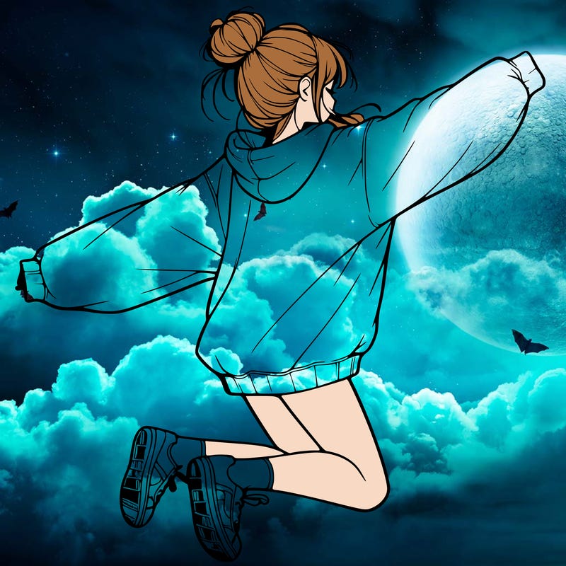 realistic girl jumping with a bun and oversized sweatshirt