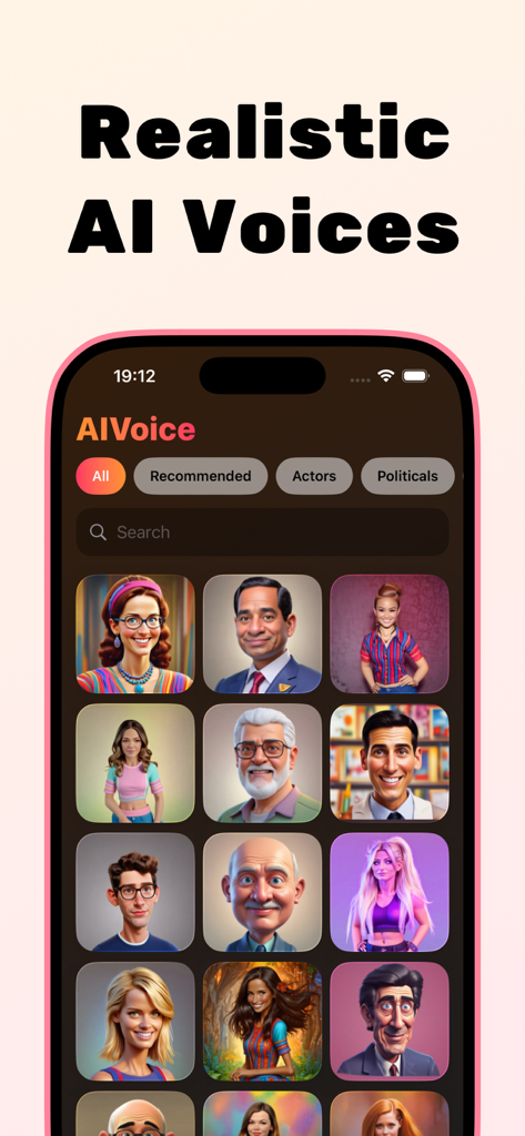 Voice Cloning AI - AIVoice - Uma tela de seleção no aplicativo AIVoice apresentando uma grade de vozes de IA realistas de celebridades e políticos