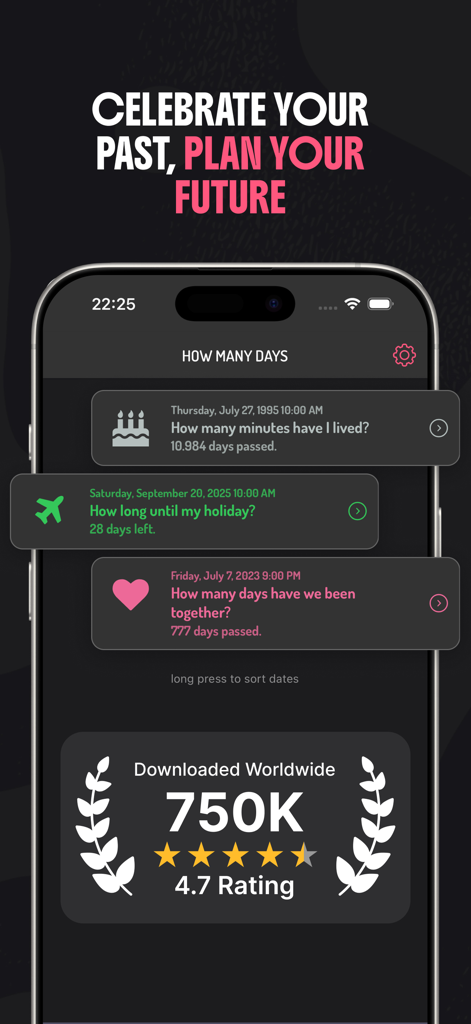 Preview of Day Counter app showing countdown for a holiday and tracking days since birth and anniversary