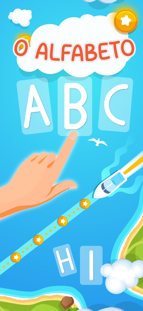Interface interactive colorée de l'application d'apprentissage de l'alphabet portugais pour enfants avec des lettres et un thème nautique.