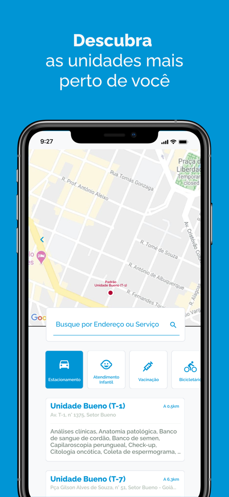 Laboratório - Paulo Azevedo - Vista de mapa de las unidades de Laboratorio Paulo Azevedo que muestran ubicaciones y servicios de laboratorio cercanos.
