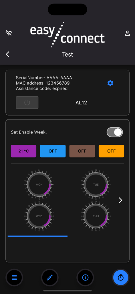 Écran de programmation hebdomadaire du chronothermostat dans l'application Easy Connect by MCZ pour la gestion du poêle à granulés