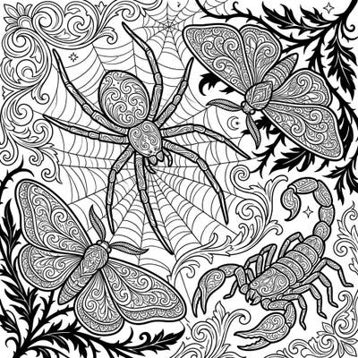 Explore the mysterious beauty of the Gothic world with this intricate coloring page featuring ornate insects and arachnids. Delight in rendering detailed spiders, moths, and a scorpion, each adorned with elegant Victorian-inspired patterns, perfect for a captivating coloring experience.