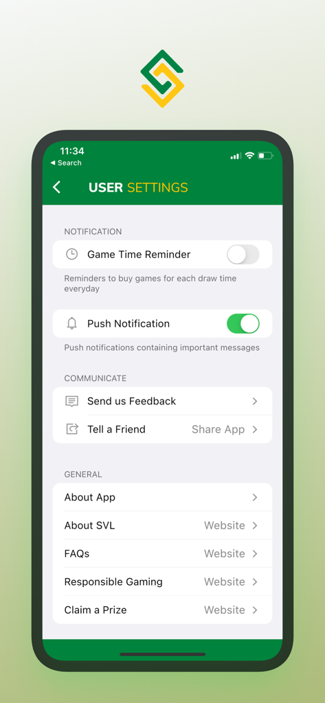 Tela de configurações do usuário do aplicativo Supreme Ventures mostrando preferências de notificação e links de informações gerais