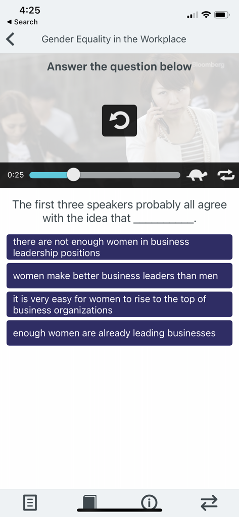A screenshot of the Voxy app showing a business English lesson about gender equality in the workplace with a multiple choice question.