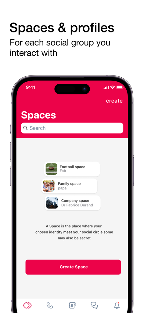 Skred Messenger app interface showing multiple private identities and social spaces