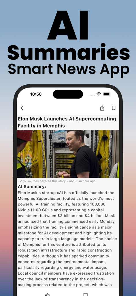 Captura de pantalla de la aplicación LetMeKnow que muestra un resumen de noticias generado por IA sobre una historia tecnológica en un teléfono inteligente